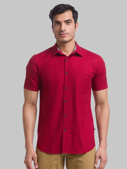Men Red Slim Fit Solid Cotton Half Sleeve Shirts