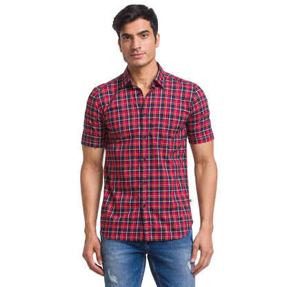 Men Red Slim Fit Checks Cotton Half Sleeve Shirts