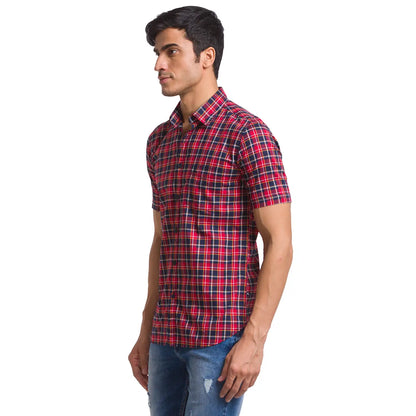Men Red Slim Fit Checks Cotton Half Sleeve Shirts