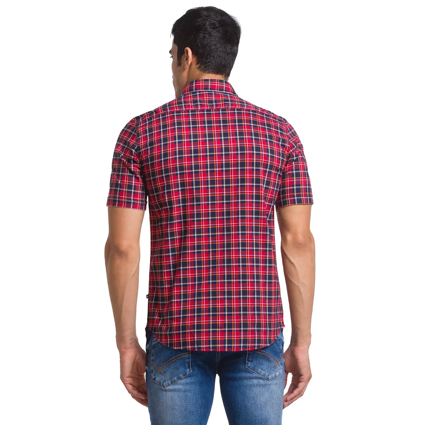 Men Red Slim Fit Checks Cotton Half Sleeve Shirts