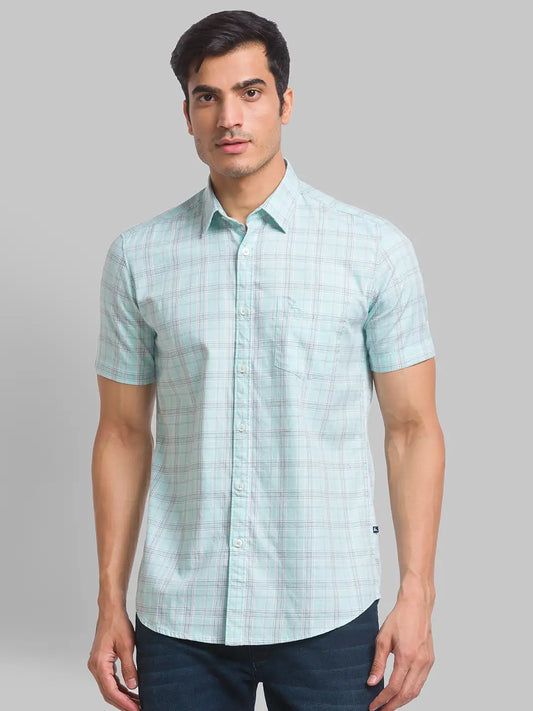 Men Green Slim Fit Checks Cotton Half Sleeve Shirts