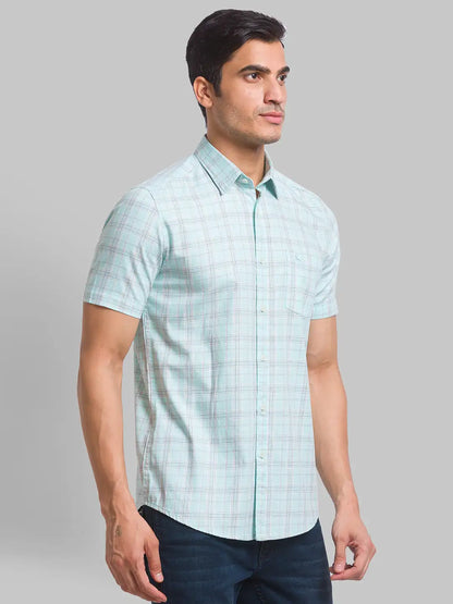 Men Green Slim Fit Checks Cotton Half Sleeve Shirts