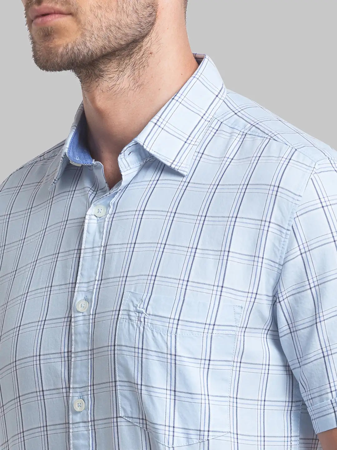 Men Blue Slim Fit Checks Cotton Half Sleeve Shirts