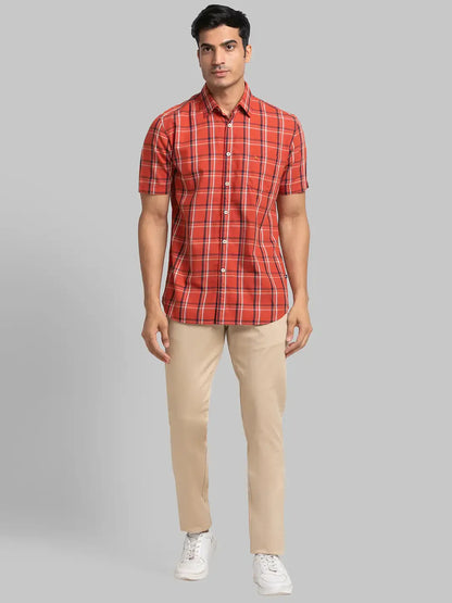 Men Brown Slim Fit Checks Cotton Half Sleeve Shirts