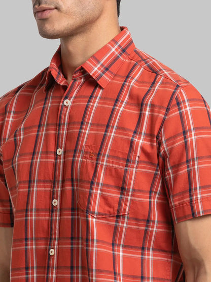 Men Brown Slim Fit Checks Cotton Half Sleeve Shirts