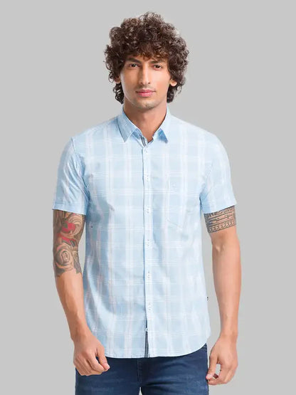 Men Blue Slim Fit Checks Cotton Half Sleeve Shirts