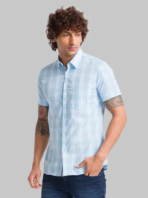 Men Blue Slim Fit Checks Cotton Half Sleeve Shirts