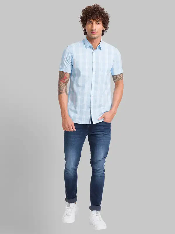Men Blue Slim Fit Checks Cotton Half Sleeve Shirts