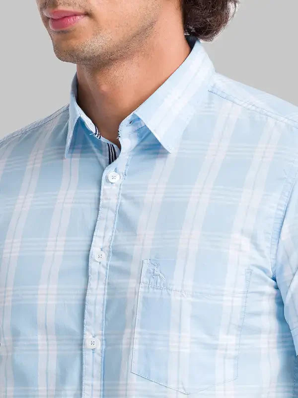Men Blue Slim Fit Checks Cotton Half Sleeve Shirts