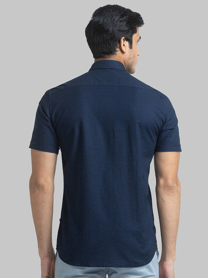 Parx Men Blue Slim Fit Solid Half Sleeve Cutaway Collar Shirt