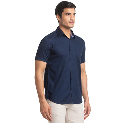 Men Blue Slim Fit Solid Cotton Half Sleeve Shirts