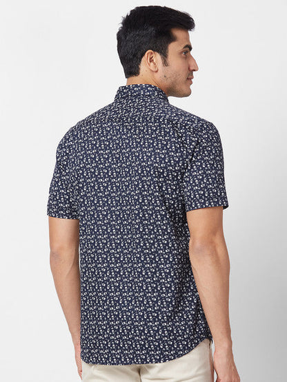 Parx Men Blue Slim Fit Printed Half Sleeve Cutaway Collar Shirt