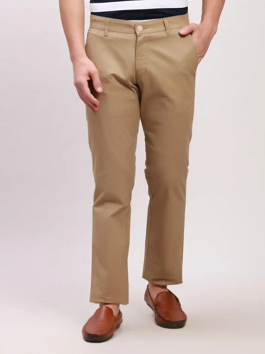 Parx Men Khaki Solid Low Rise Tapered Fit Cotton Blend Trousers
