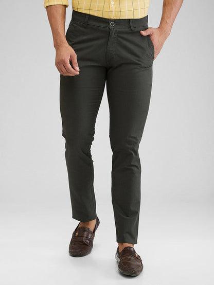 Parx Green Solid Low Rise Tapered Fit Cotton Blend Trouser