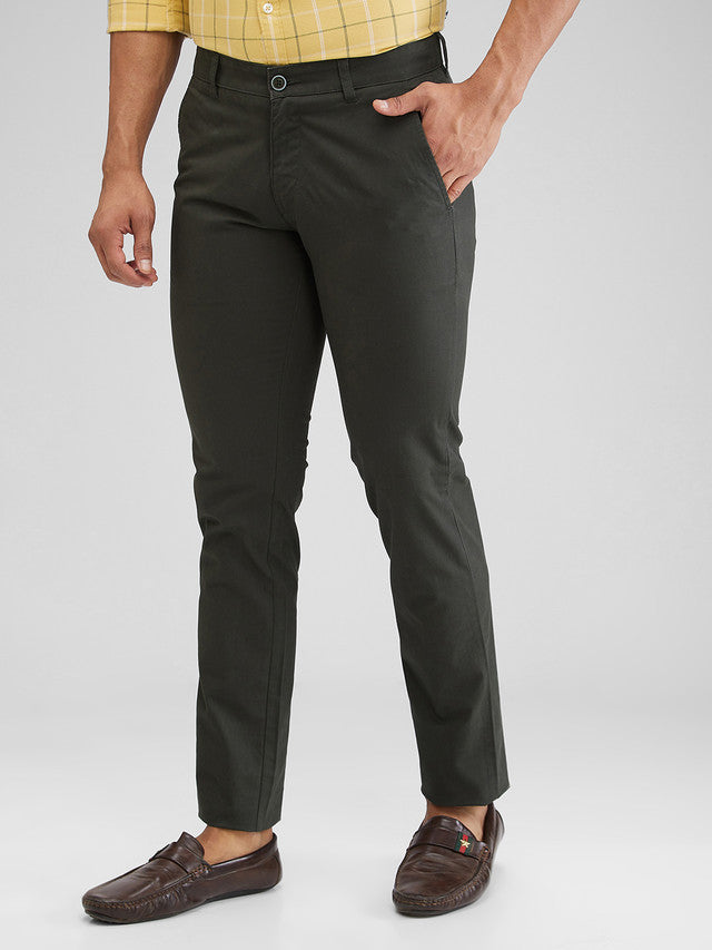 Parx Green Solid Low Rise Tapered Fit Cotton Blend Trouser