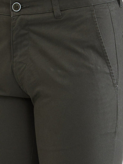 Parx Green Solid Low Rise Tapered Fit Cotton Blend Trouser