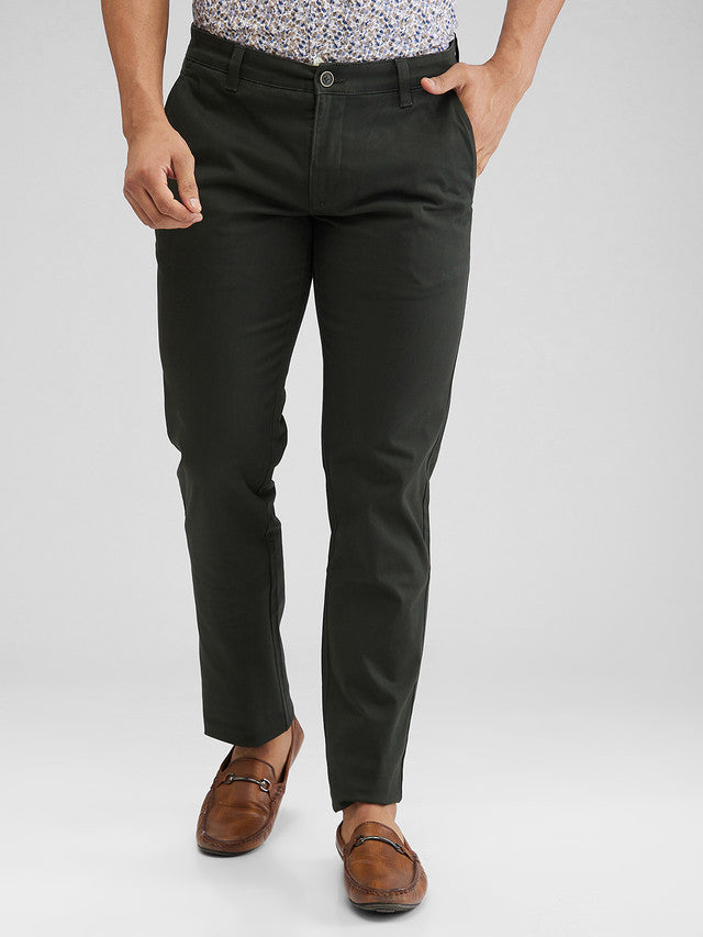 Parx Green Solid Low Rise Tapered Fit Cotton Blend Trouser