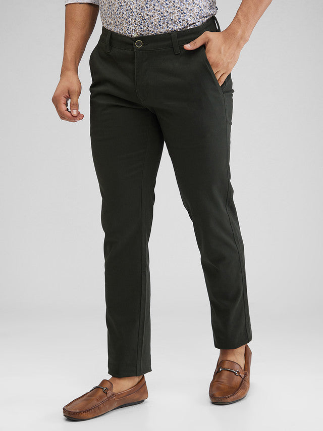 Parx Green Solid Low Rise Tapered Fit Cotton Blend Trouser
