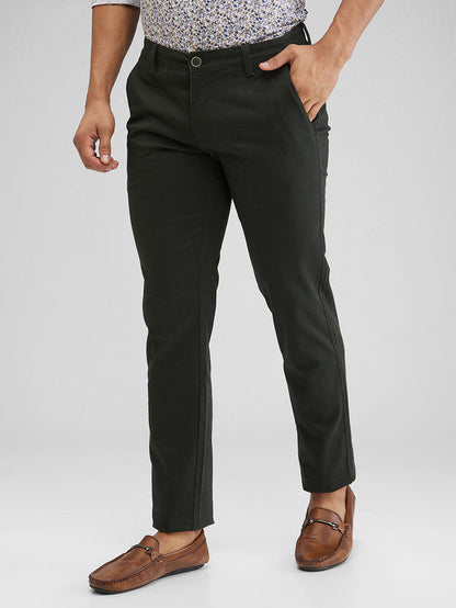Parx Green Solid Low Rise Tapered Fit Cotton Blend Trouser