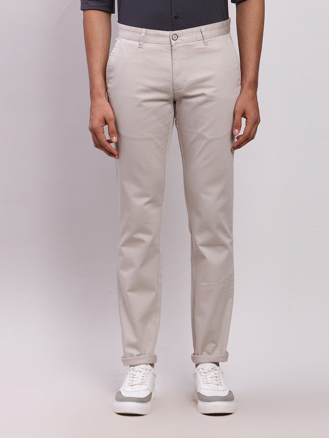 Parx Grey Solid Low Rise Tapered Fit Cotton Blend Trouser