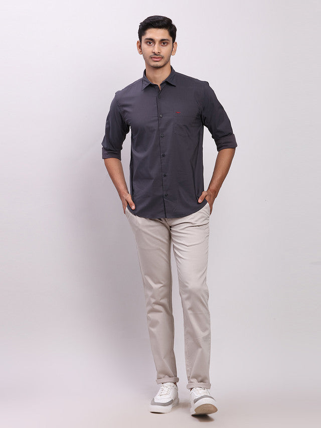 Parx Grey Solid Low Rise Tapered Fit Cotton Blend Trouser