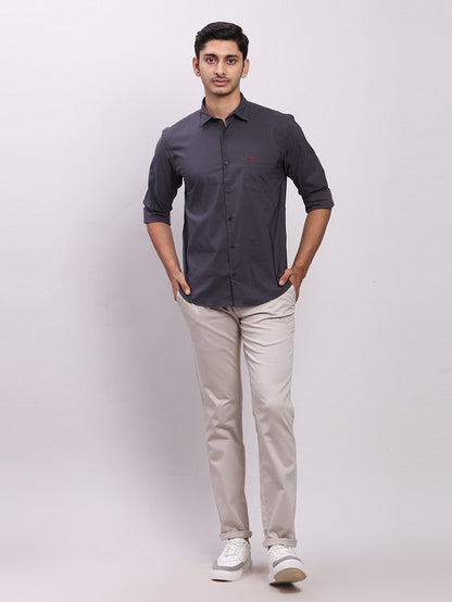 Parx Grey Solid Low Rise Tapered Fit Cotton Blend Trouser