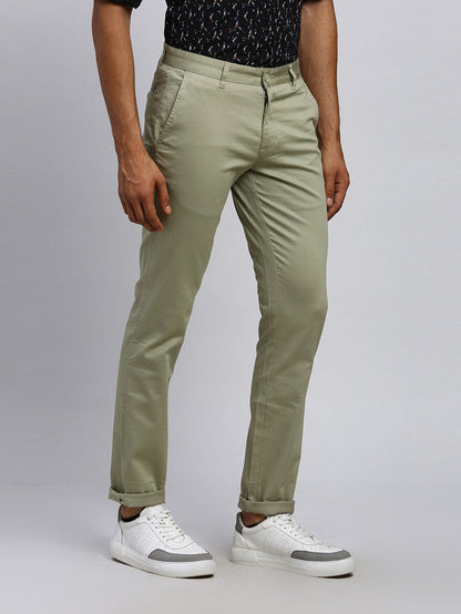 Parx Green Solid Low Rise Tapered Fit Cotton Blend Trouser