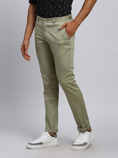 Parx Green Solid Low Rise Tapered Fit Cotton Blend Trouser