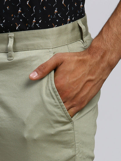 Parx Green Solid Low Rise Tapered Fit Cotton Blend Trouser