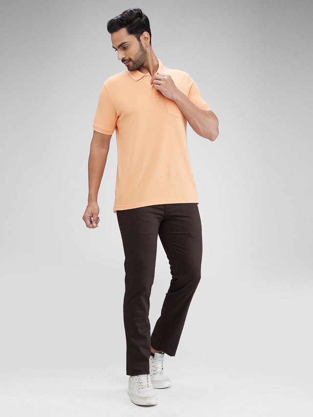 Parx Brown Solid Low Rise Tapered Fit Cotton Blend Trouser