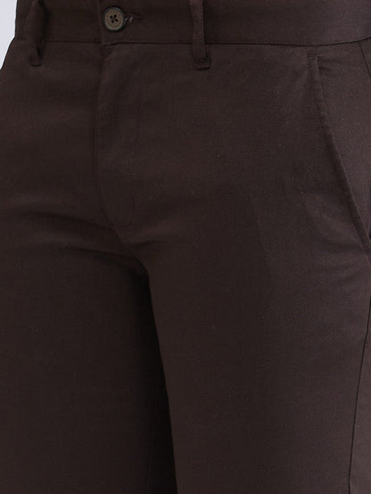 Parx Brown Solid Low Rise Tapered Fit Cotton Blend Trouser