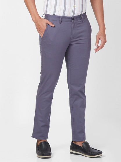 Parx Grey Solid Low Rise Tapered Fit Cotton Blend Trouser