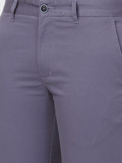 Parx Grey Solid Low Rise Tapered Fit Cotton Blend Trouser