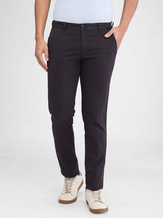 Parx Black Solid Low Rise Tapered Fit Cotton Blend Trouser