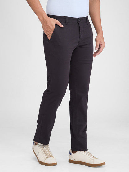 Parx Black Solid Low Rise Tapered Fit Cotton Blend Trouser