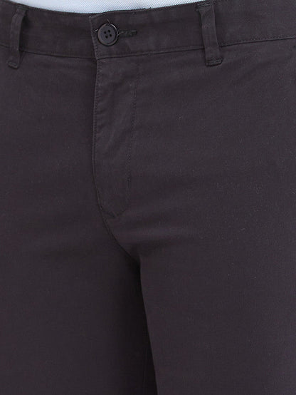 Parx Black Solid Low Rise Tapered Fit Cotton Blend Trouser