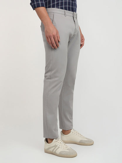 Parx Men Grey Solid Low Rise Tapered Fit Cotton Blend Trouser