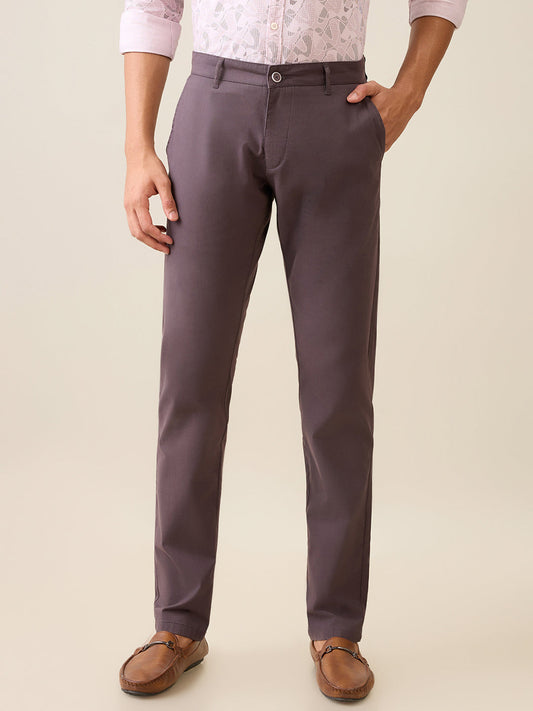 Parx Men Grey Solid Low Rise Tapered Fit Cotton Blend Trouser