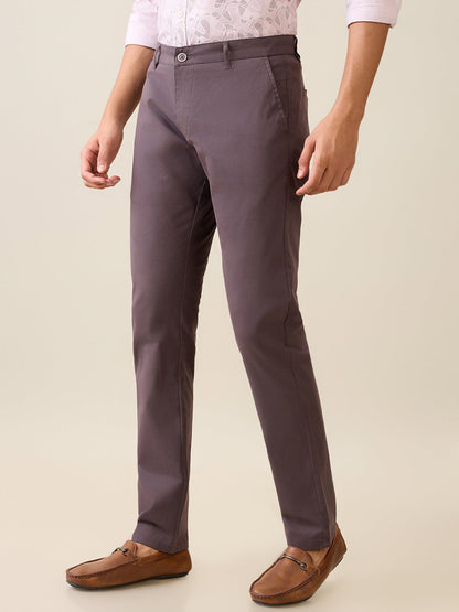 Parx Men Grey Solid Low Rise Tapered Fit Cotton Blend Trouser