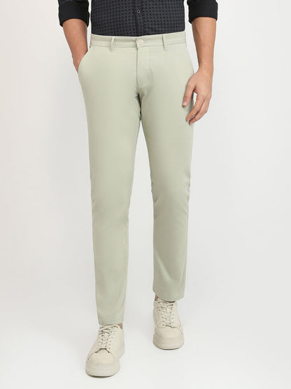 Parx Men Green Solid Low Rise Tapered Fit Cotton Blend Trouser
