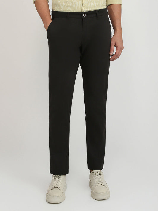 Parx Men Brown Solid Low Rise Tapered Fit Cotton Blend Trouser