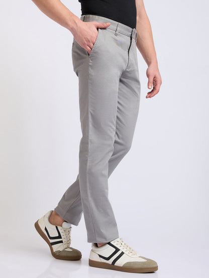 Parx Men Grey Solid Low Rise Tapered Fit Cotton Blend Trouser