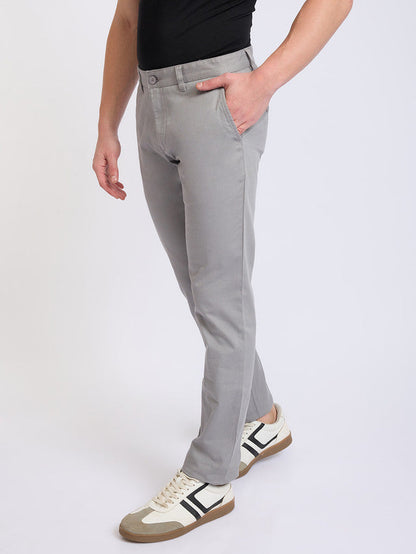 Parx Men Grey Solid Low Rise Tapered Fit Cotton Blend Trouser