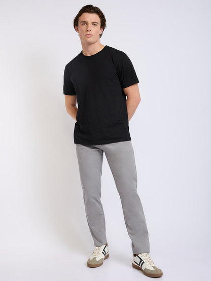 Parx Men Grey Solid Low Rise Tapered Fit Cotton Blend Trouser