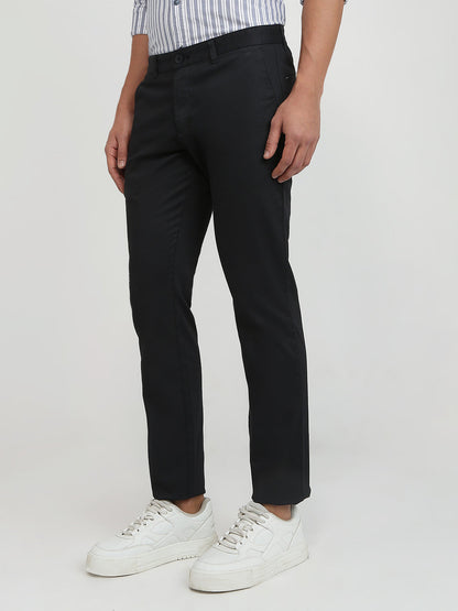 Parx Men Black Satin Low Rise Tapered Fit Cotton Blend Trouser