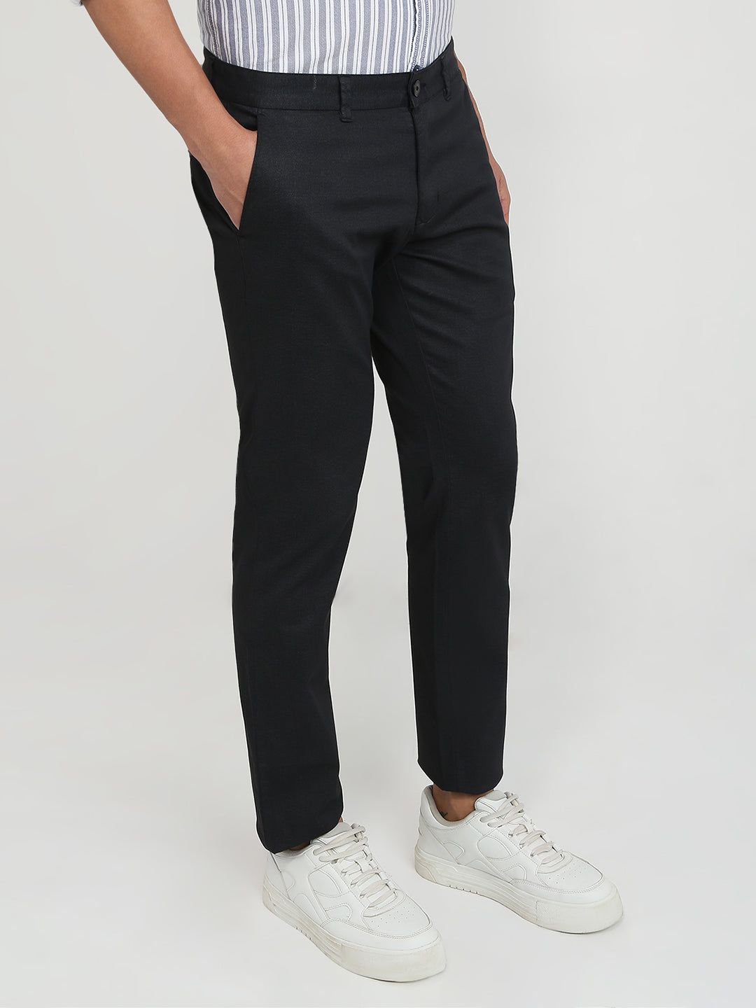 Parx Men Black Satin Low Rise Tapered Fit Cotton Blend Trouser
