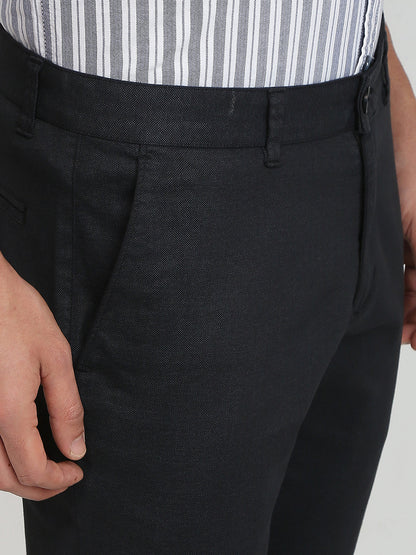 Parx Men Black Satin Low Rise Tapered Fit Cotton Blend Trouser