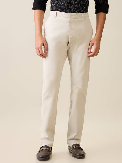 Parx Men Grey Twill Low Rise Tapered Fit Cotton Blend Trouser