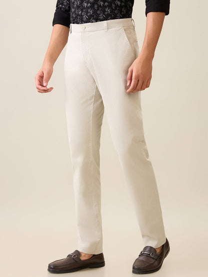 Parx Men Grey Twill Low Rise Tapered Fit Cotton Blend Trouser