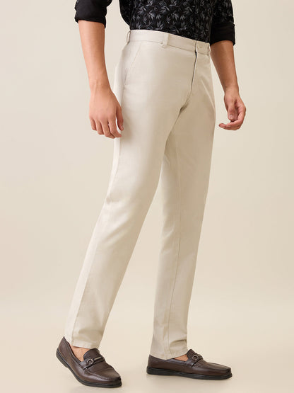 Parx Men Grey Twill Low Rise Tapered Fit Cotton Blend Trouser